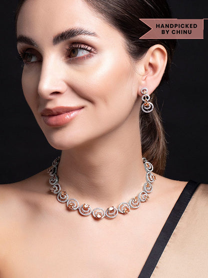 Rubans Silver Plated Necklace With Studded Brown American Diamonds Necklace Set