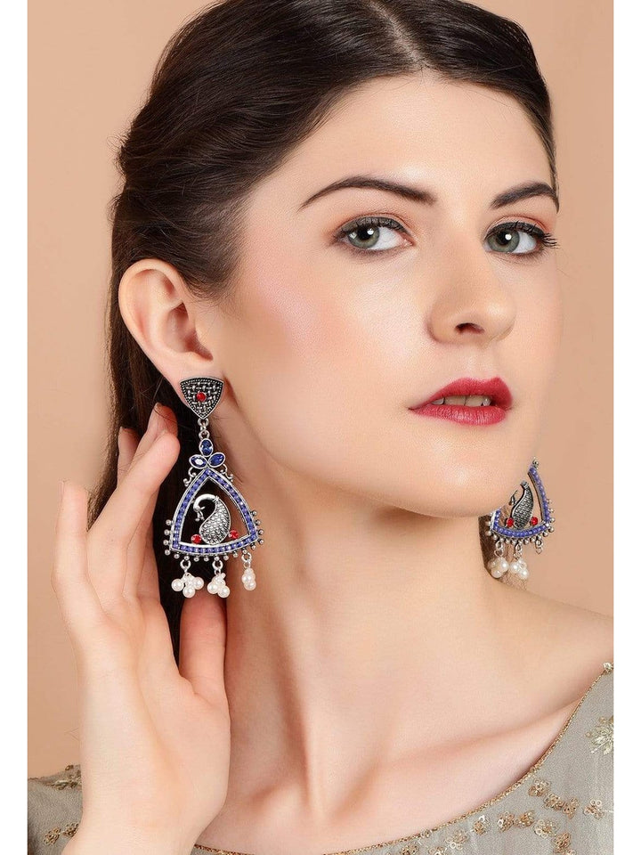 Rubans  Silver Plated Oxidised Handcrafted Color Stone Drop Earrings Earrings