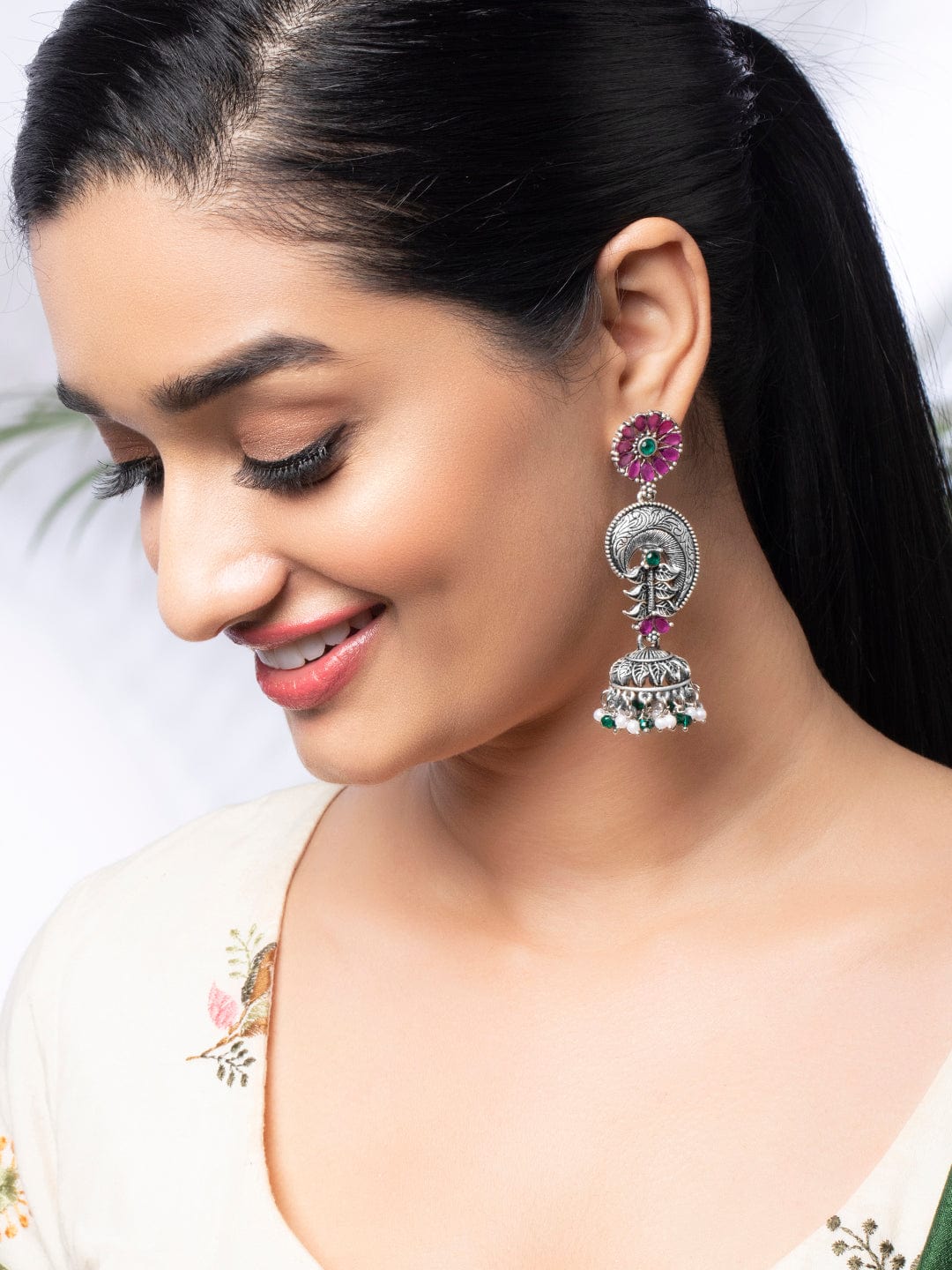Rubans Silver Plated Oxidised Jhumka Earrings With Pink And Green Stones. Earrings