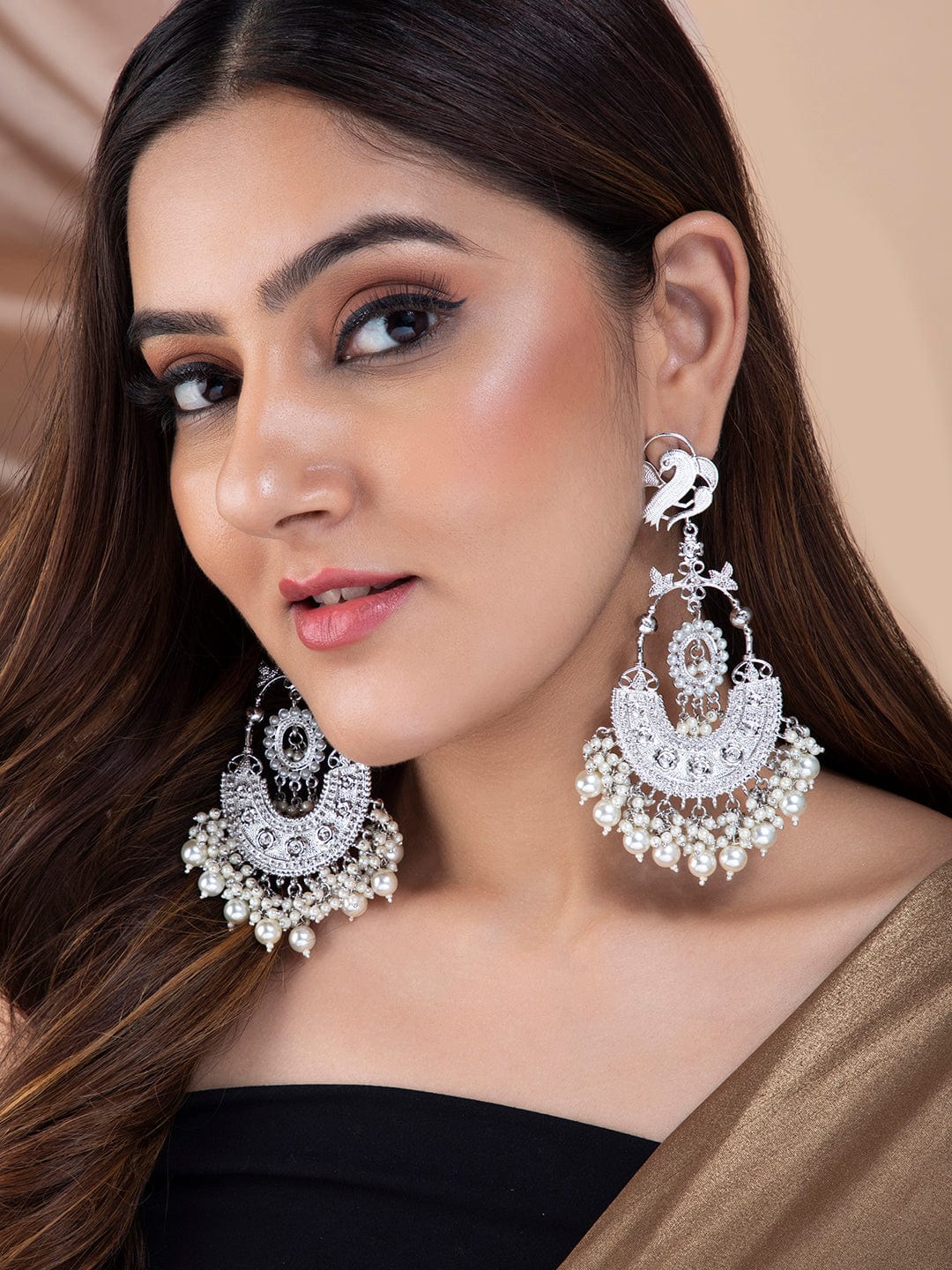 Rubans Silver-Plated Pearls Chandbali Earring Earrings