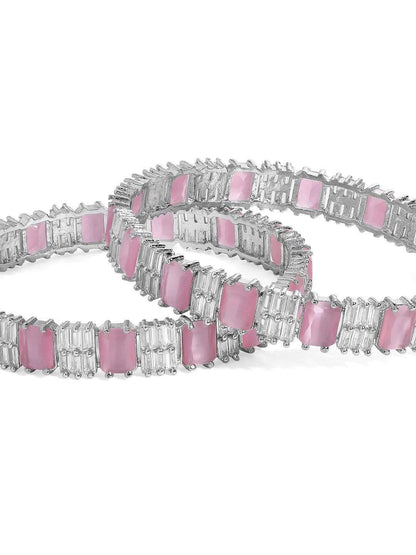 Rubans Silver Plated Pink Stone &amp;  Zirconia Stone Studded Set of 2 Bangles. Bangles &amp; Bracelets