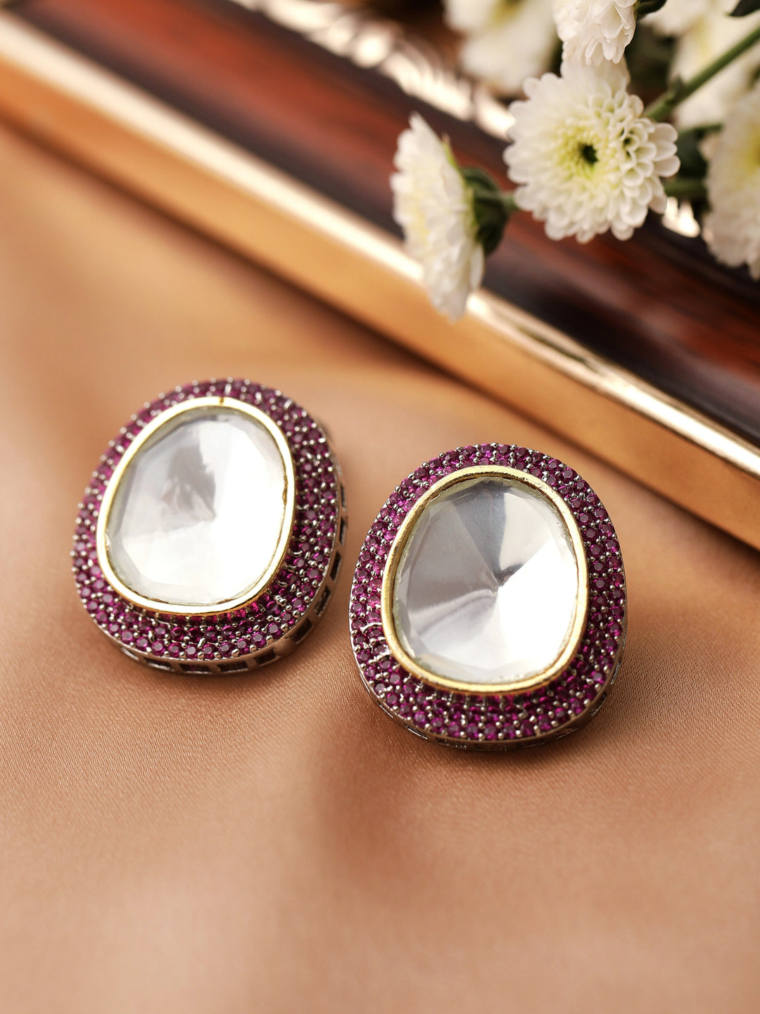 Rubans Silver Plated Polki Stud Earrings With Elegant Design Earrings