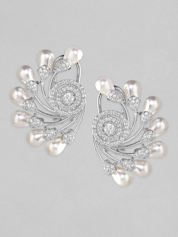 Rubans Silver Plated Stud Earrings Studded With American Diamonds And Pearls. Earrings