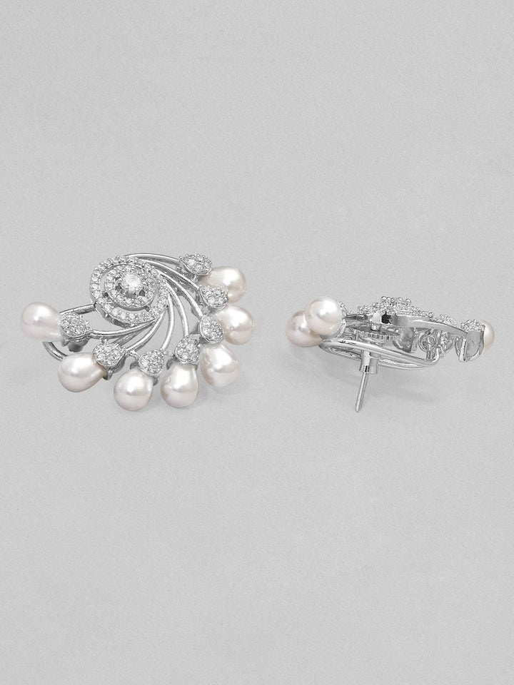 Rubans Silver Plated Stud Earrings Studded With American Diamonds And Pearls. Earrings