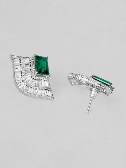 Rubans Silver Plated Stud Earrings With White And Green American Diamonds. Earrings