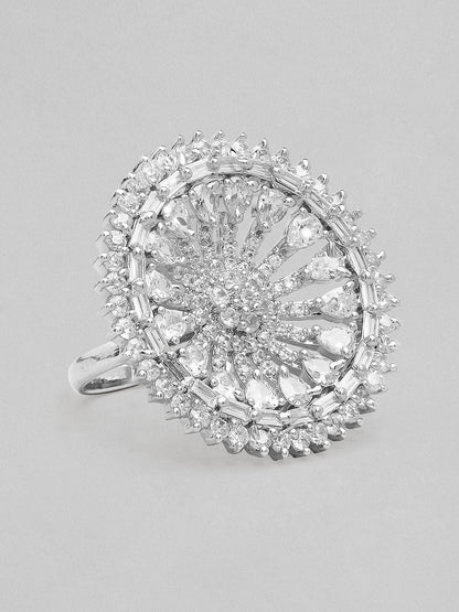 Rubans Silver-Plated White AD Studded Finger Ring Rings