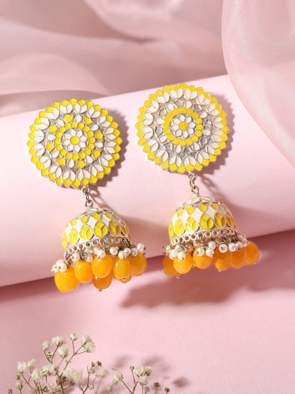 Rubans Silver Plated Yellow Beads and White Pearl Enamelled Jhumka Earrings Earrings