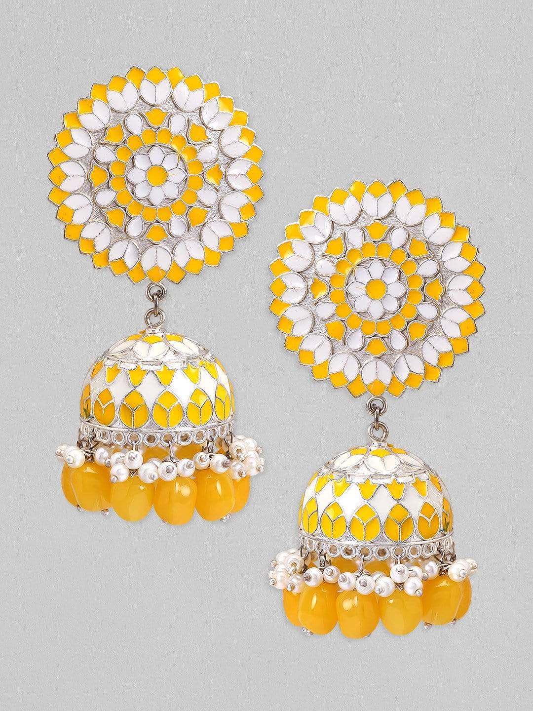 Rubans Silver Plated Yellow Beads and White Pearl Jhumka Earrings Earrings