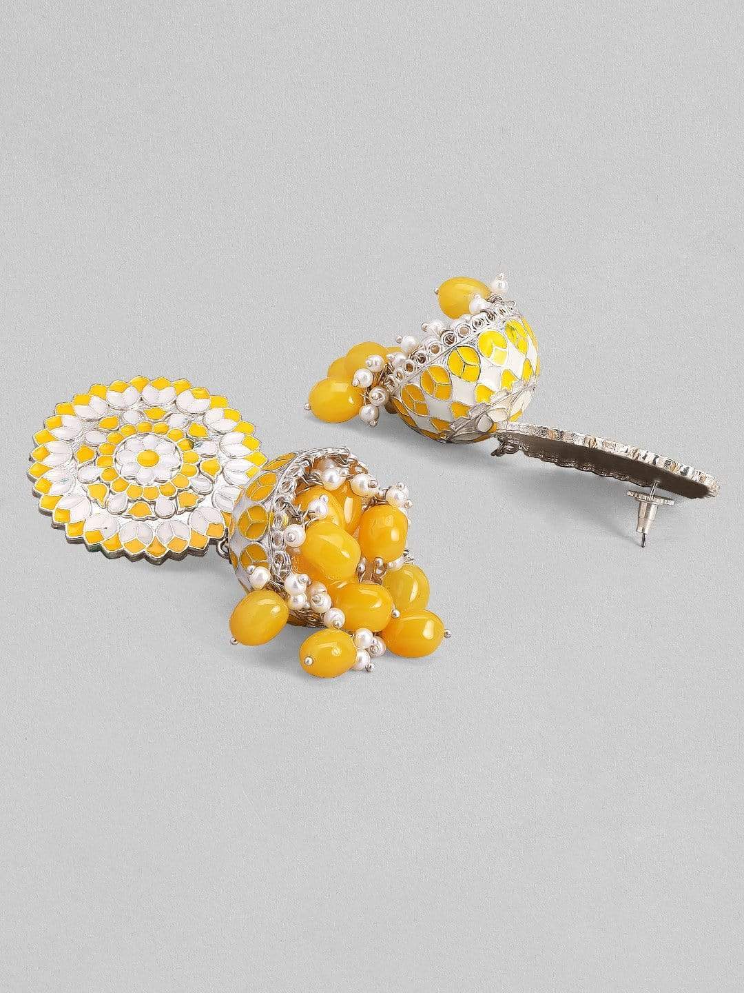 Rubans Silver Plated Yellow Beads and White Pearl Jhumka Earrings Earrings