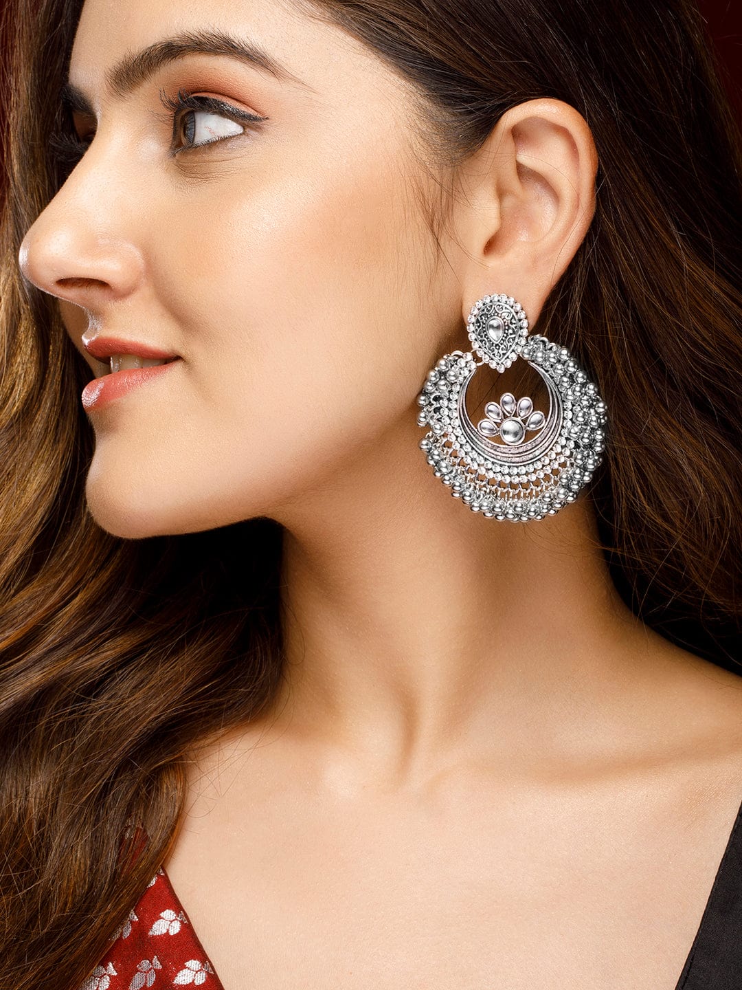 Rubans Silver-Toned Crescent Shaped Chandbalis Earrings Earrings