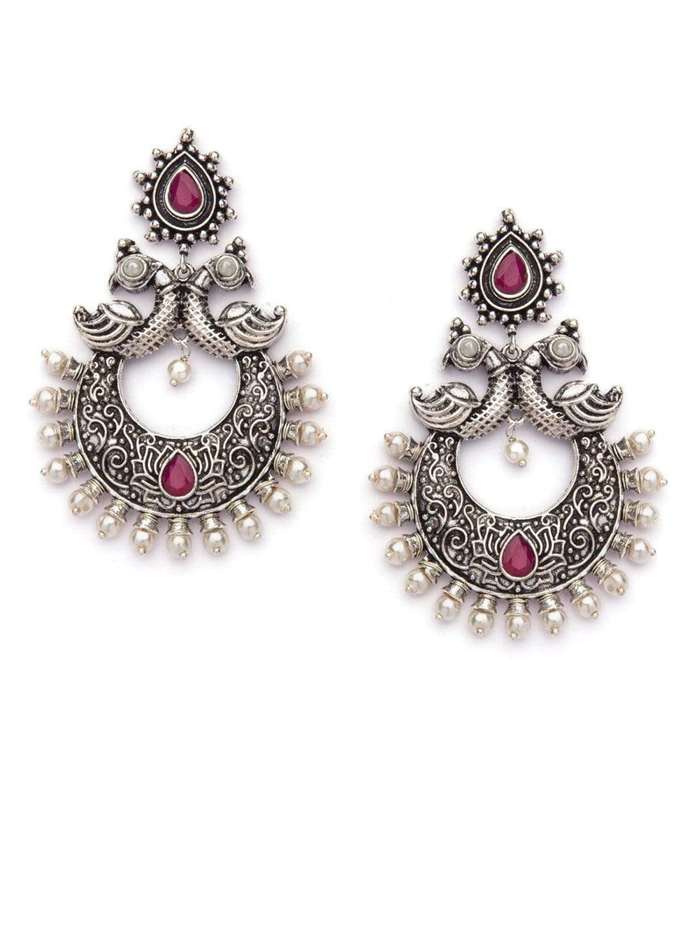 Rubans Silver Toned Faux Ruby Studded Oxidised Peacock Chandbali Earrings Earrings