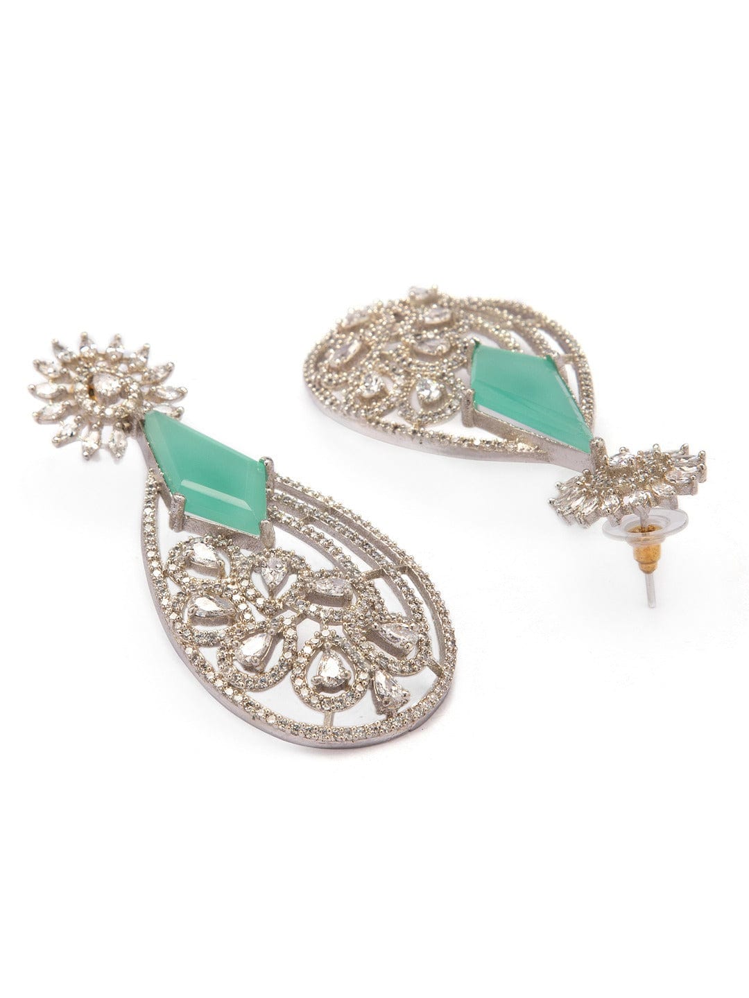 Rubans Silver-Toned &amp; Green Teardrop Shaped Handcrafted Drop Earrings Earrings