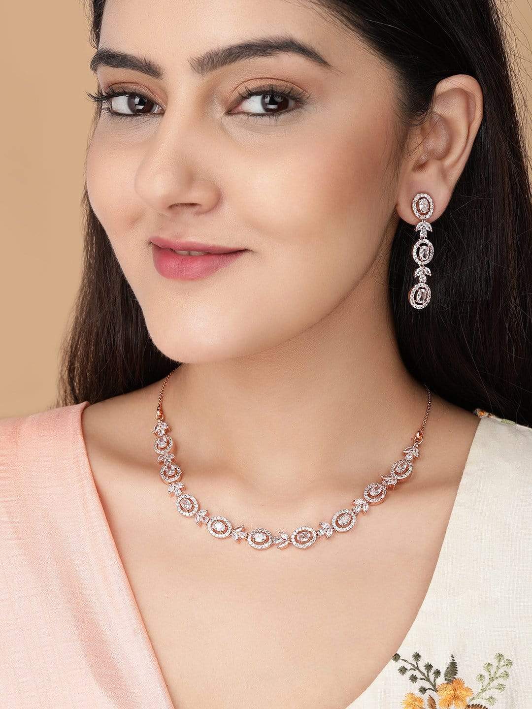 Rubans Simple Gold Toned CZ Necklace Set with Long Earrings Chain & Necklaces