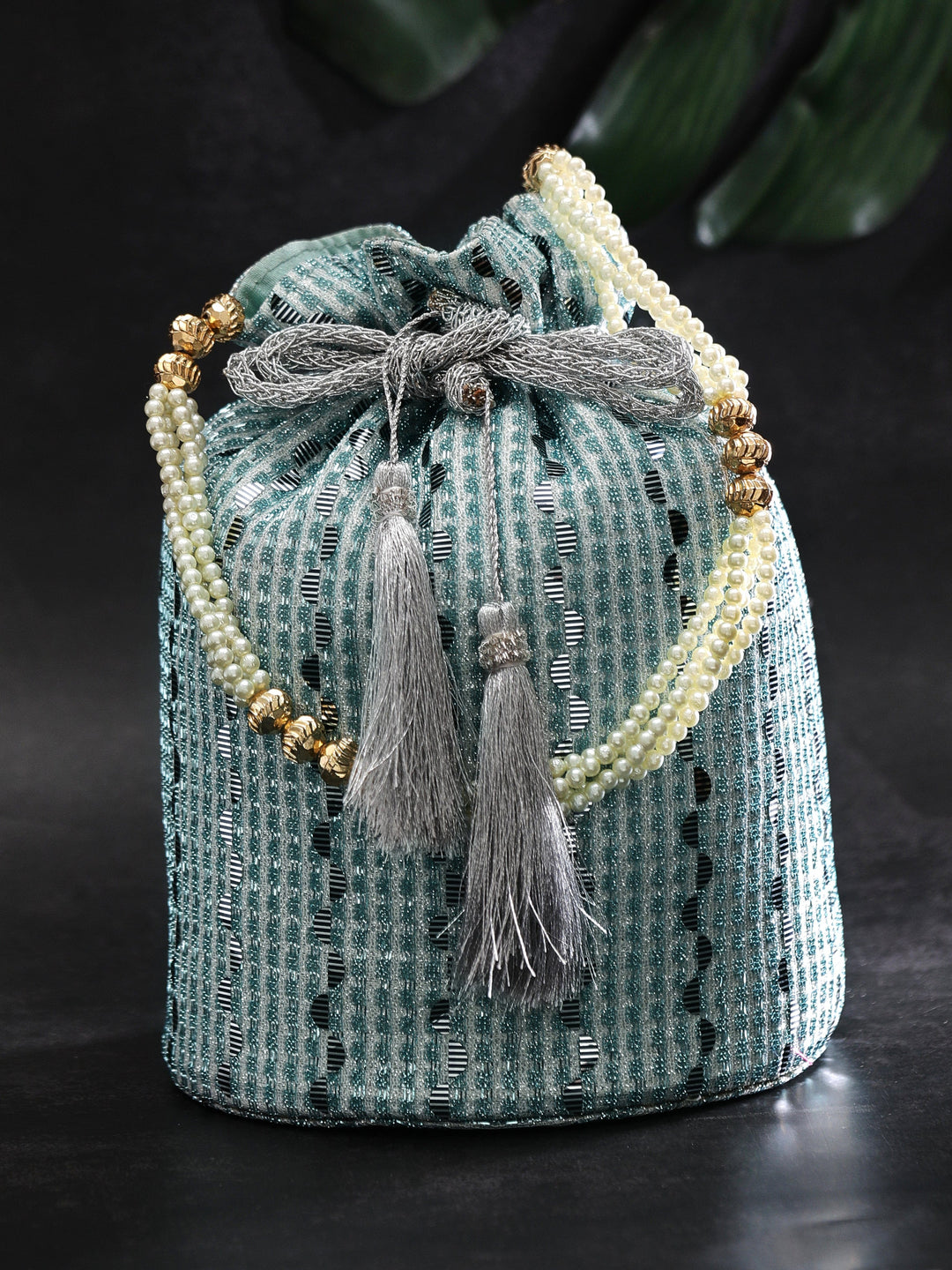 Rubans Sky Blue Coloured Potli Bag With Golden Embroidery Design Handbag & Wallet Accessories