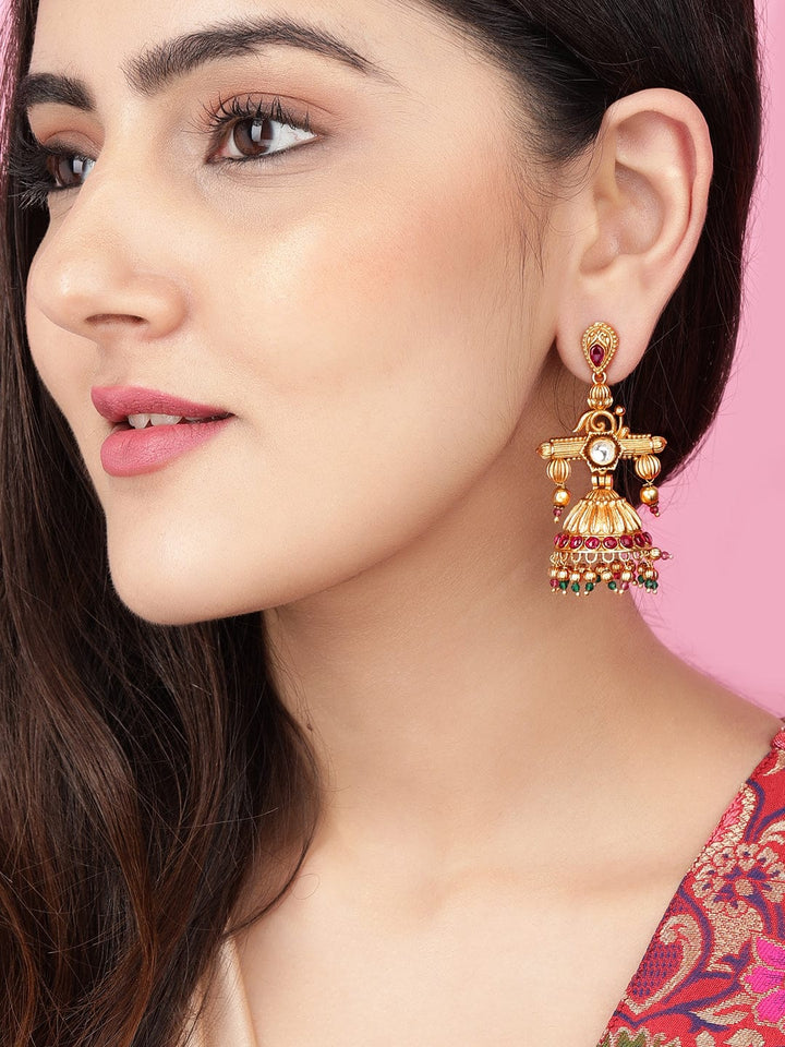 Rubans Traditional Gold Jhumkas With Pink and Green Beads Earrings