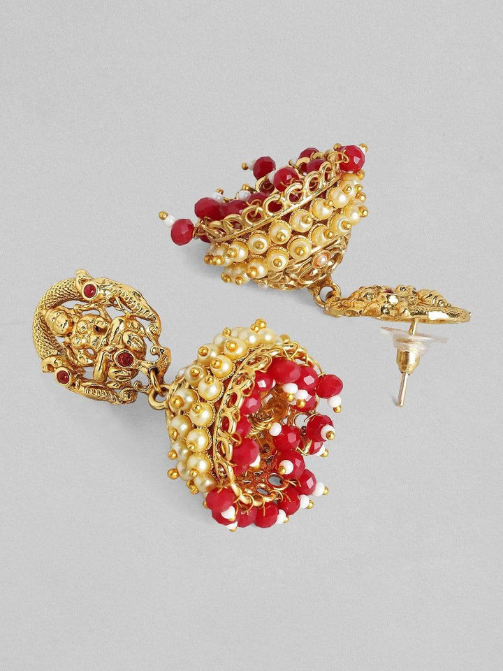 Rubans Traditional Gold Jhumkas With Red Bead Danglers Earrings