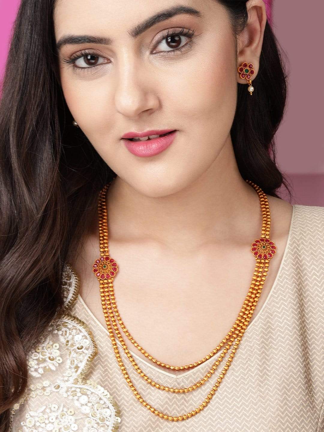 Rubans Traditional Gold Plated Layered Necklace Set With Ruby Stoned Earrings Earrings