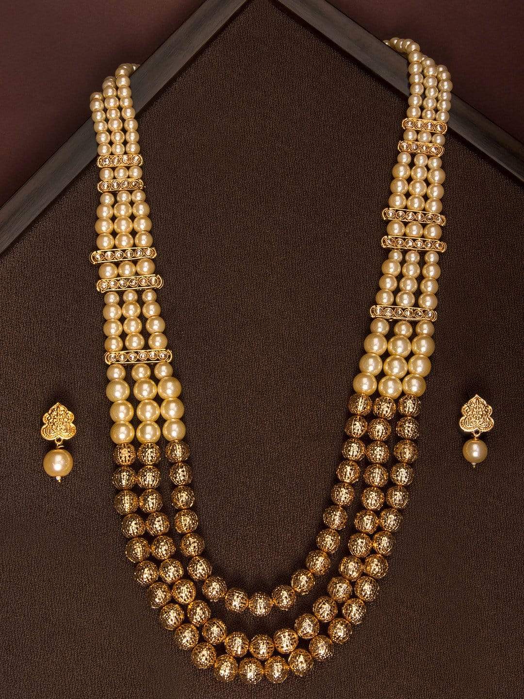 Rubans Traditional Handmade Pearl And Antique Gold Beads Strand Multilayer Long Necklace Set Chain &amp; Necklaces