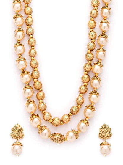 Rubans Traditional Handmade Pearl And Antique Gold Beads Strand Multilayer Necklace Set Necklace Set