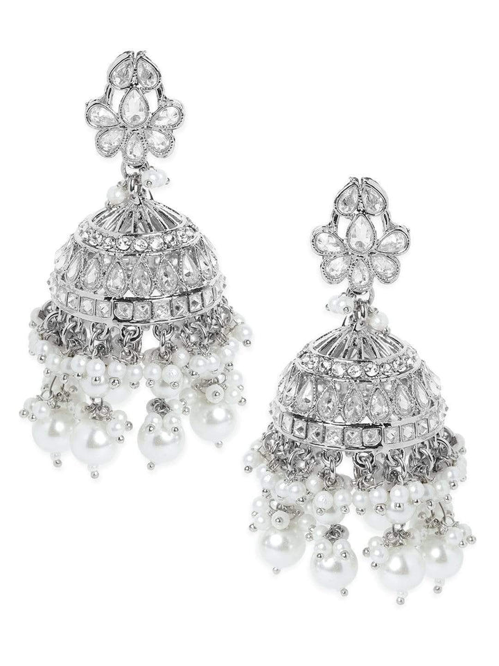Rubans Traditional Silver Jhumkas With Silver Beads Earrings