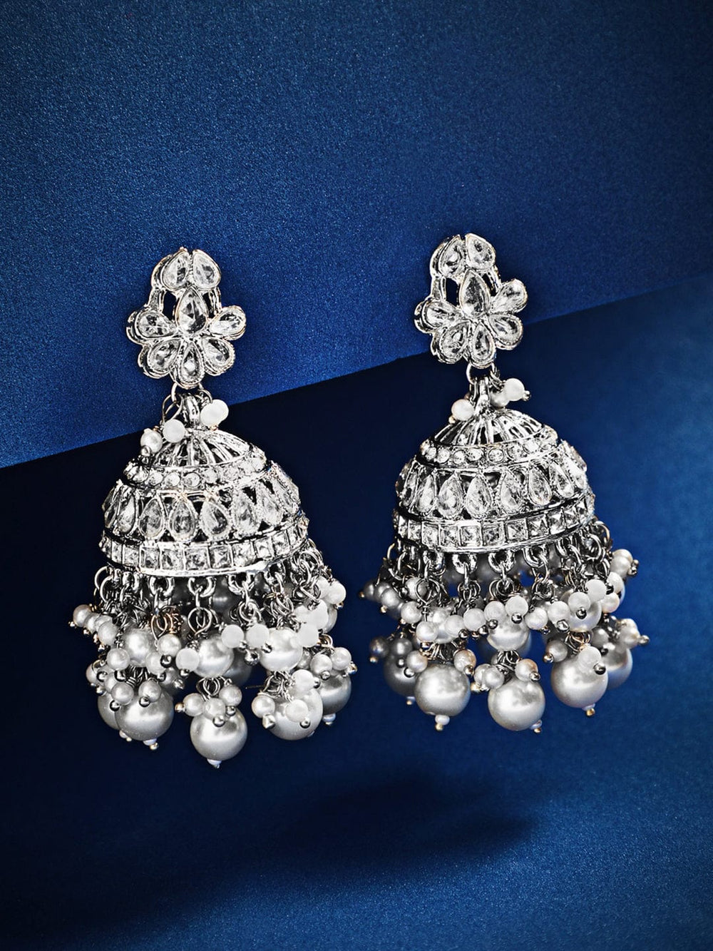 Rubans Traditional Silver Jhumkas With Silver Beads Earrings