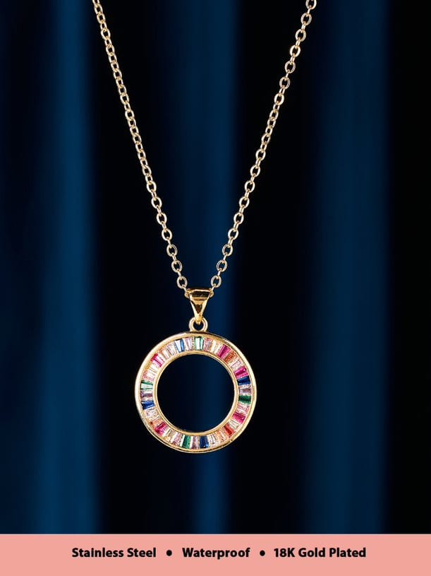 Rubans Voguish 18K Gold Plated Stainless Steel Waterproof Chain With Circular Pendant With Multicolour Zircons Studded. Chain & Necklaces