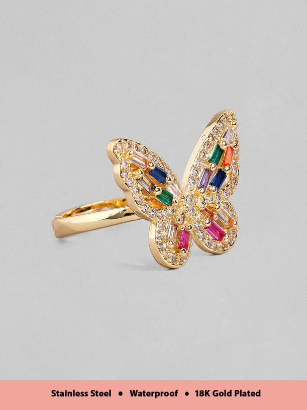 Rubans Voguish 18K Gold Plated Stainless Steel Waterproof Statement Butterfly Ring With Multicolour Zircon Stones. Rings