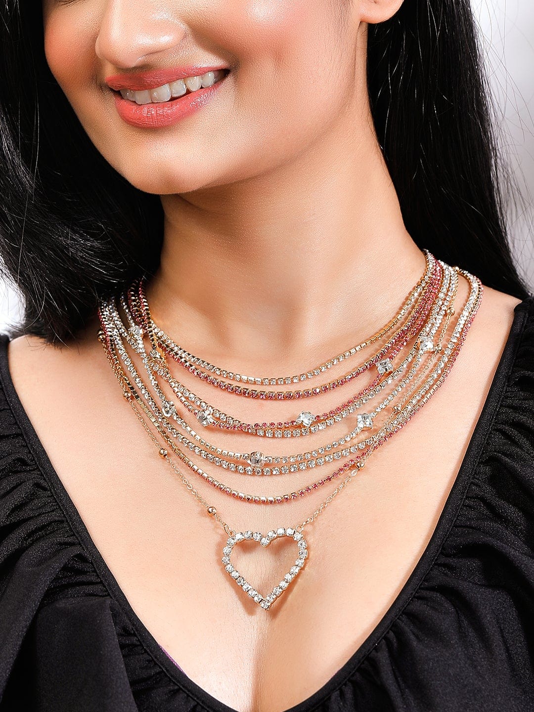 Rubans Voguish Gold Plated Handcrafted AD Studded Multi Layered Necklace. Chain &amp; Necklaces