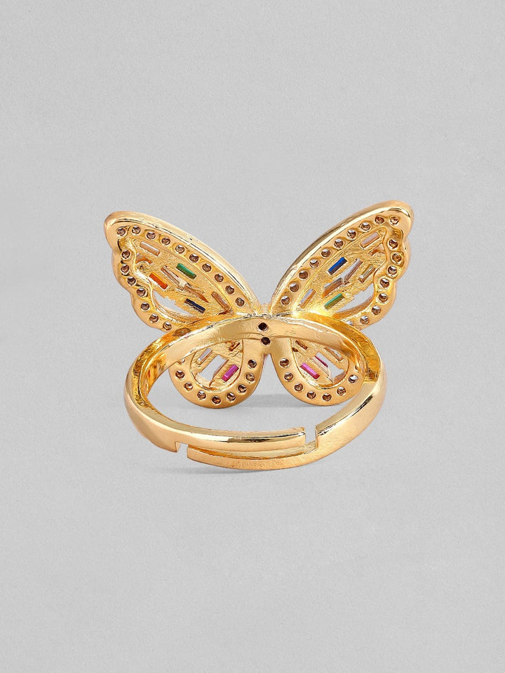 Rubans Voguish Gold Plated Multicolour Stone Studded Butterfly Shaped Party Wear Ring. Rings