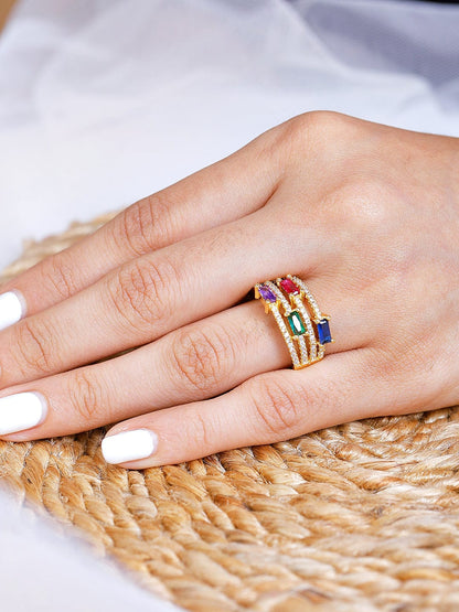 Rubans Voguish Gold Plated Multicolour Stone Studded Party Wear Western Ring. Rings