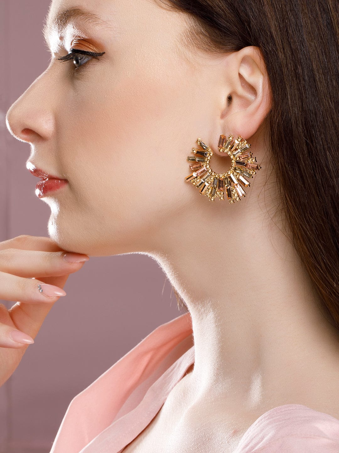 Rubans Voguish Gold-Toned  Pink Contemporary CZ Studded Drop Earrings Earrings