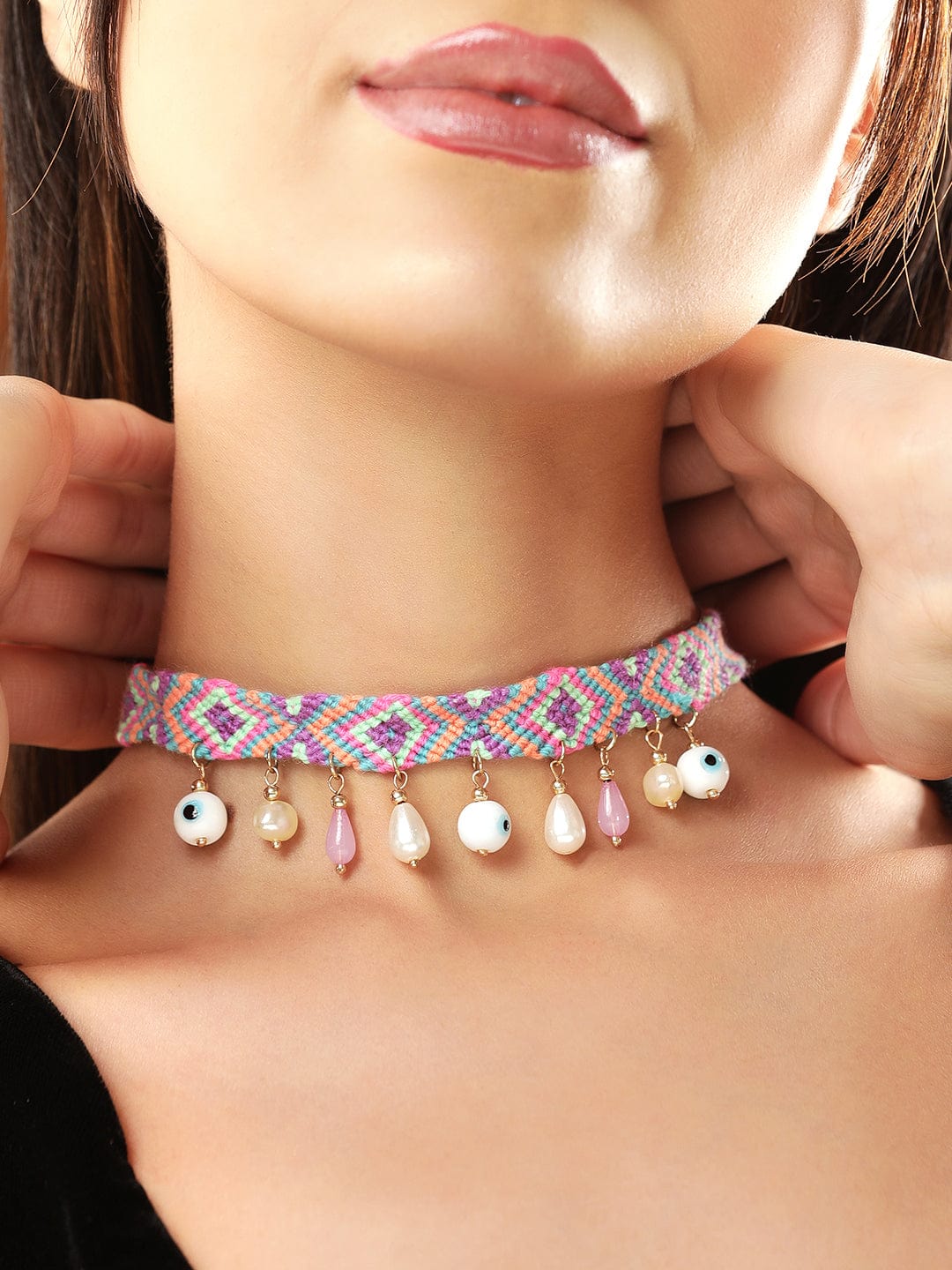 Rubans Voguish Pink Blue Necklace With Hanging Beads And Pearls Chain &amp; Necklaces