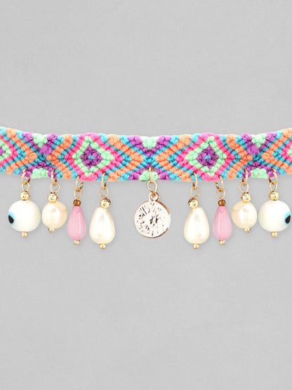 Rubans Voguish Pink Blue Necklace With Hanging Beads And Pearls Chain &amp; Necklaces