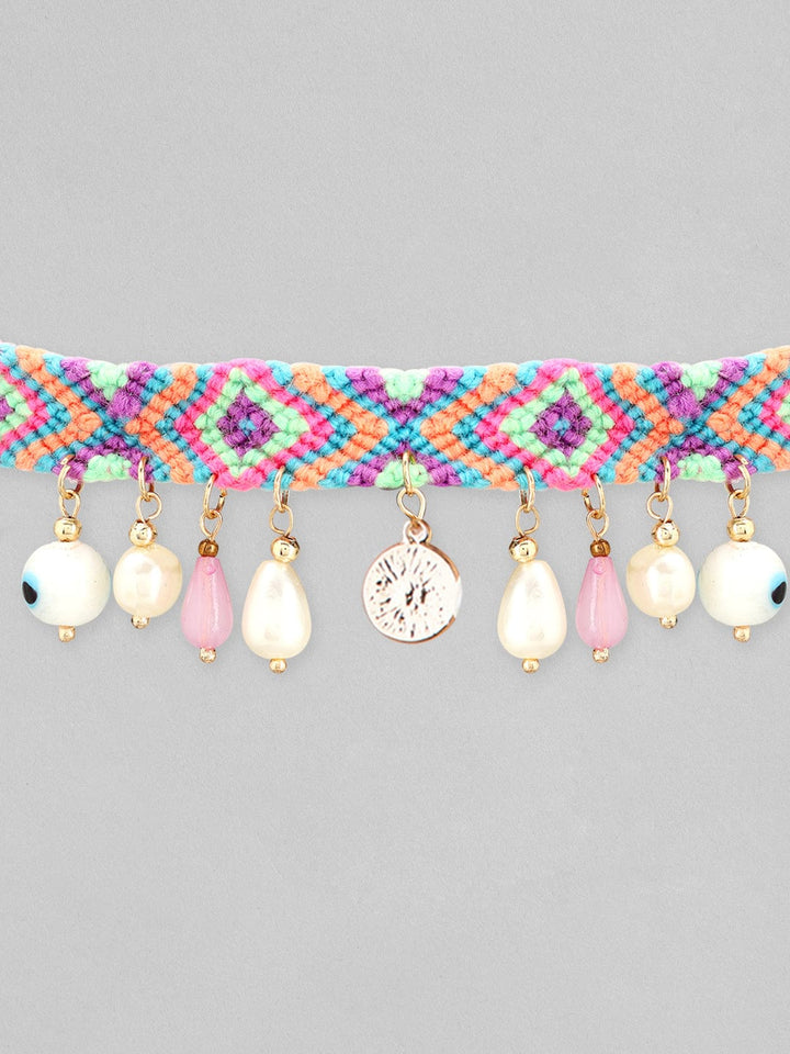 Rubans Voguish Pink Blue Necklace With Hanging Beads And Pearls Chain & Necklaces