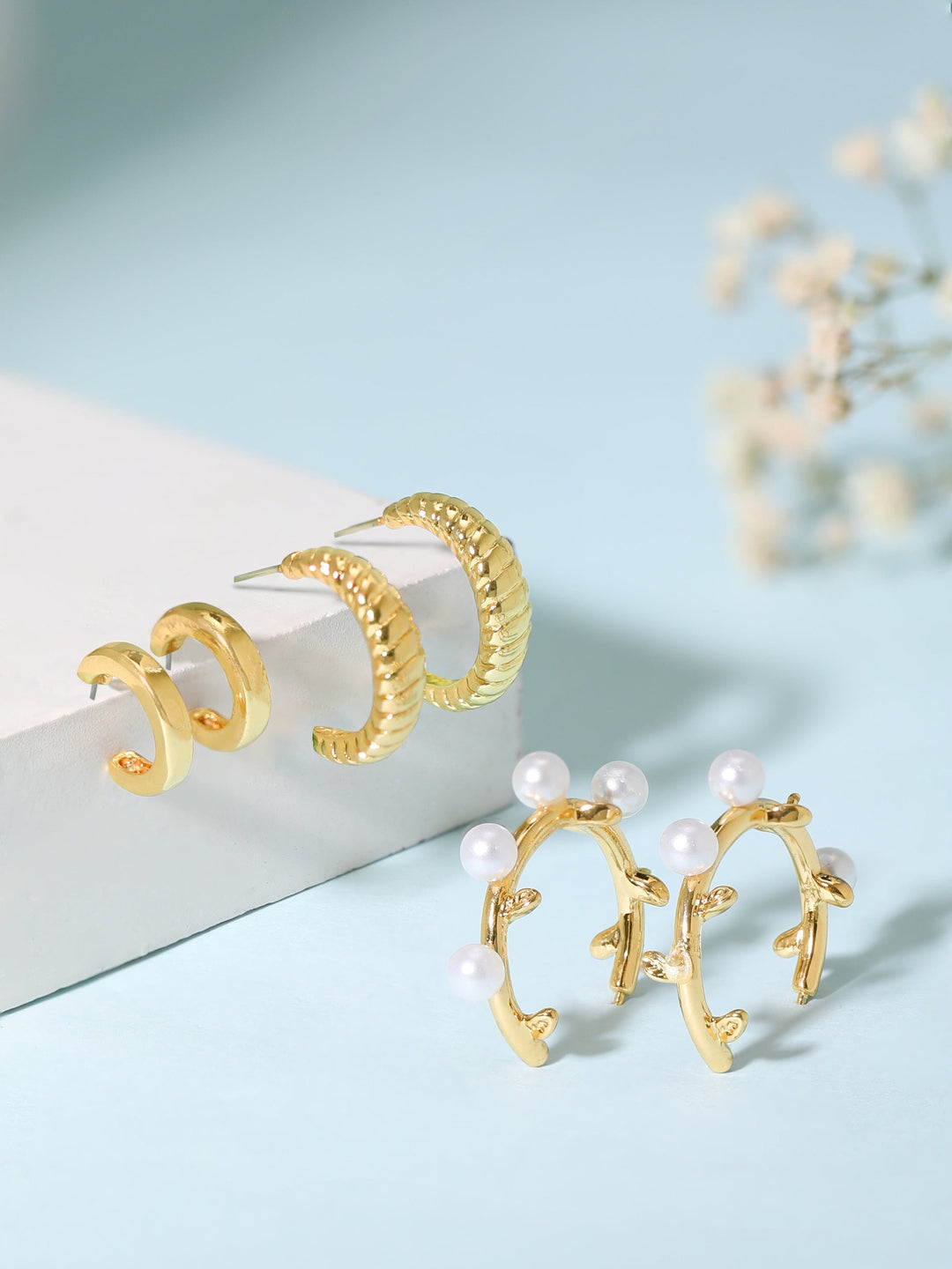 Rubans Voguish Set Of 3 Gold Toned Pearl Studded Classy Hoop Earrings. Earrings