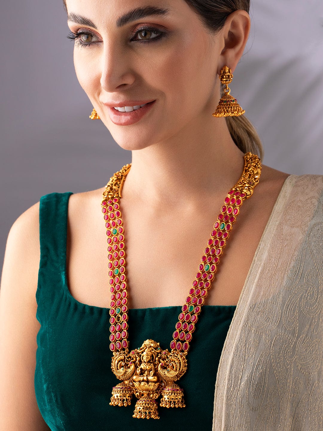 Rubans Women Gold-Plated & Green Faux Ruby Studded Handcrafted Jewellery Set Necklace Set