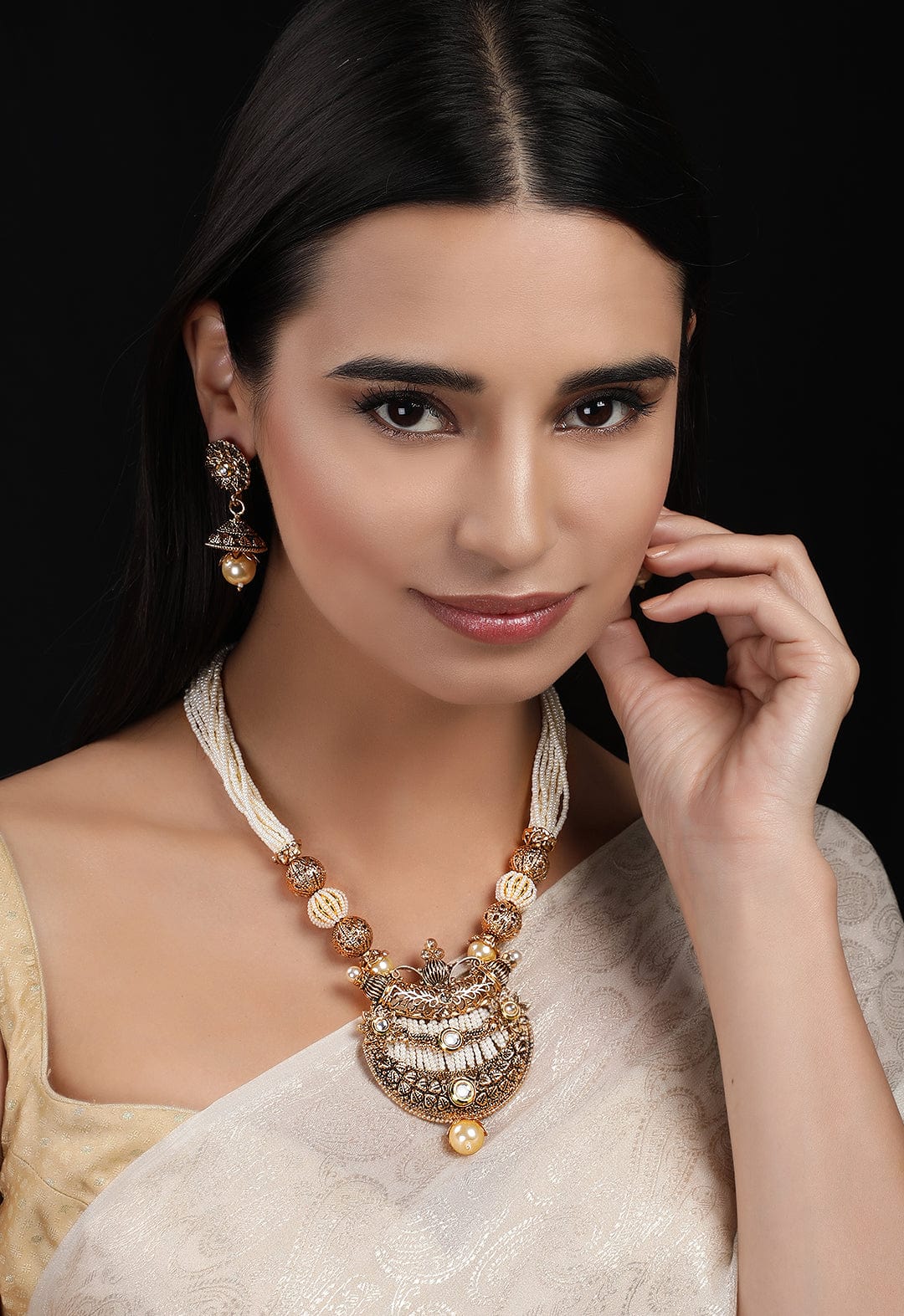 Rubans Women Gold-Toned &amp; White Pearl Multistranded Jewellery Set Necklace Set