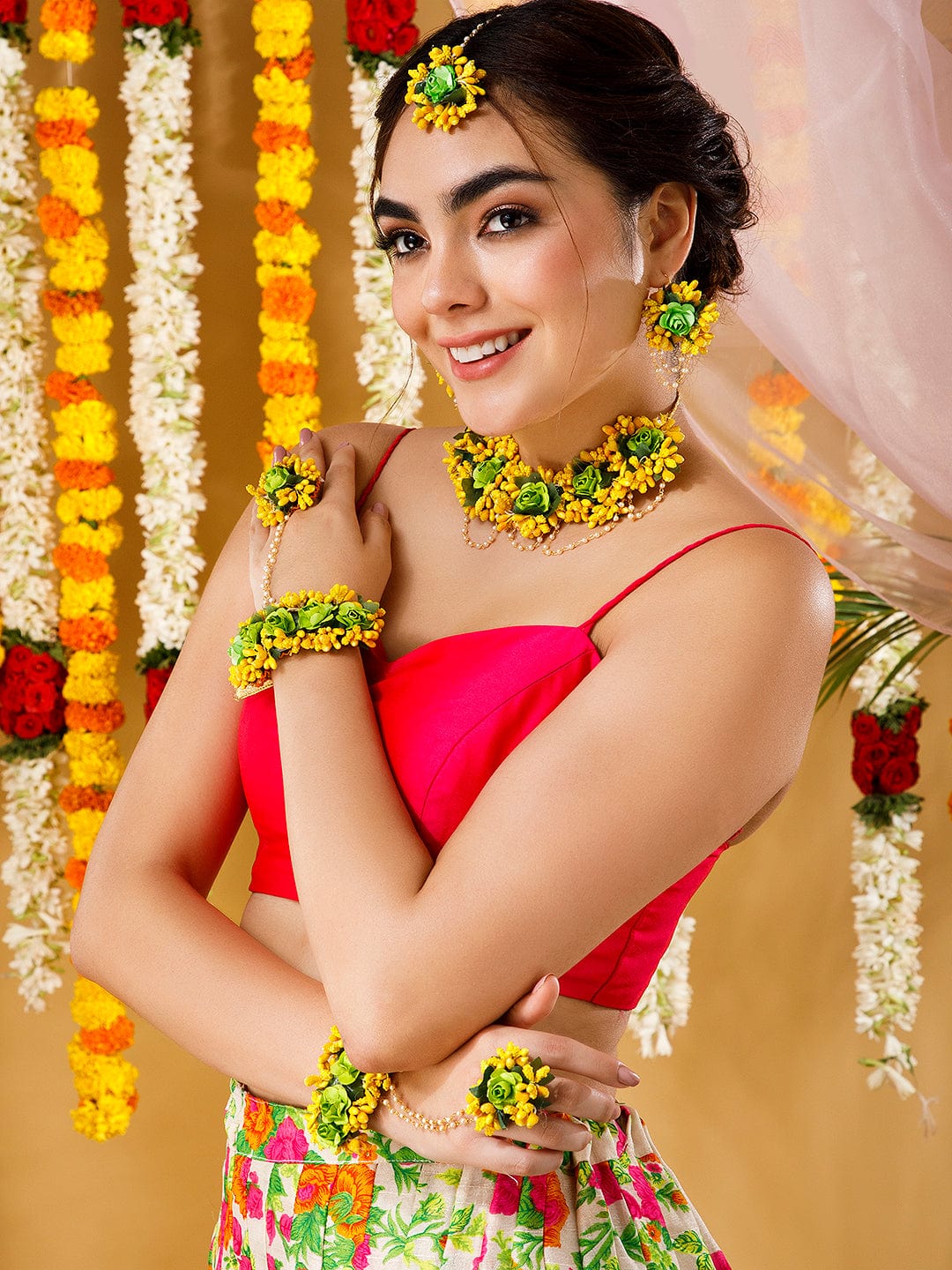 Rubans Yellow & Green Floral Haldi Wedding Necklace Jewellery Set Necklace Set