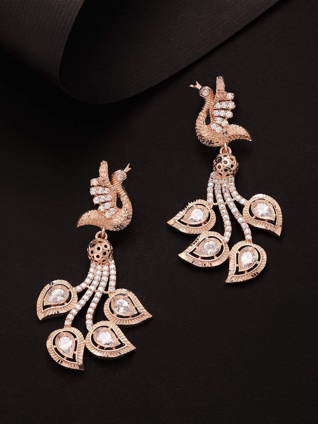 Rubans Zircon Studded Handcrafted Rose Gold Plated Bird Drop Earrings Earrings