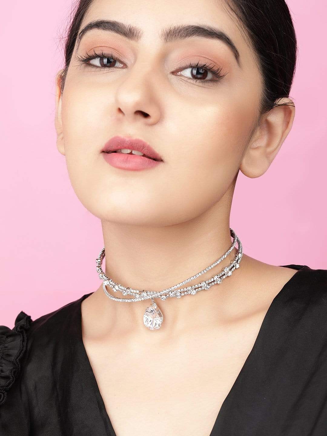 Tokyo Talkies X  Rubans Silver Toned Handcrafted Zircon Choker Chain & Necklaces